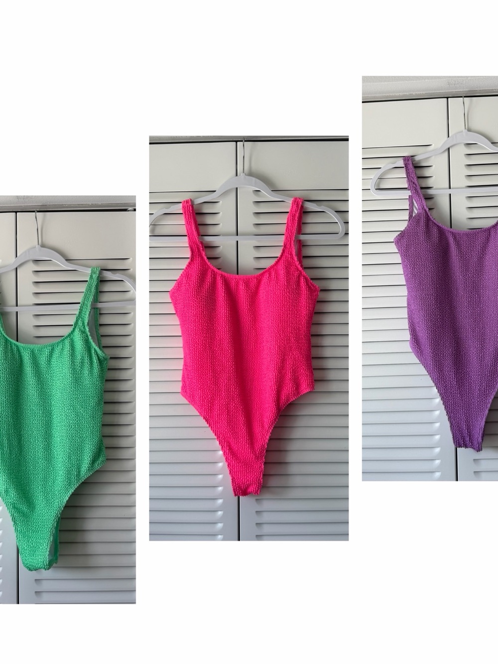 Set of 3 Textured One-Piece Swimsuit - Pink / Green / Purple